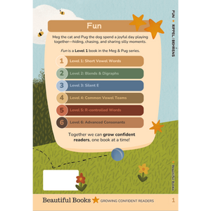 Book cover of 'Fun' from the Meg & Pug series with educational levels and a grassy field illustration.