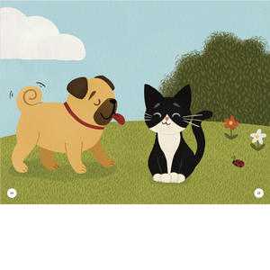 Illustration of a dog and a cat on grass with flowers and a cloud in the sky