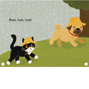 Illustration of a cat and dog running together with rain in the background