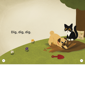 Illustration of a dog and a cat digging in the ground with a shovel, on a beige background.