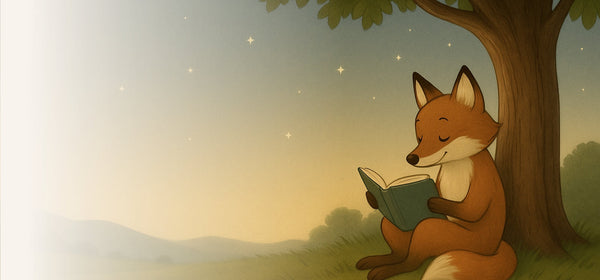 Fox reading a book under a tree with a starry sky.
