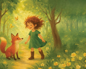 Illustration of a girl in a green dress standing next to a fox in a forest setting.