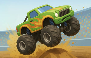 Green monster truck with large wheels jumping a dirt mound. 