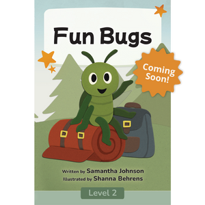 Book cover of 'Fun Bugs' with a green insect on a suitcase against a forest background with text 'Coming Soon!'