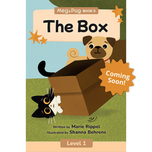 Book cover of 'The Box' from the Meg & Pug series, featuring a dog and cat playing with a box with 'Coming Soon!' text.