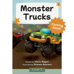 Book cover of 'Monster Trucks' with two cartoon monster trucks on a dirt road.