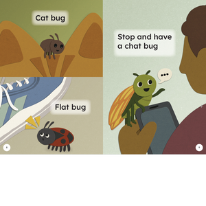 Illustrated page from 'Fun Bug' showing cat bug, flat bug, and chat bug.