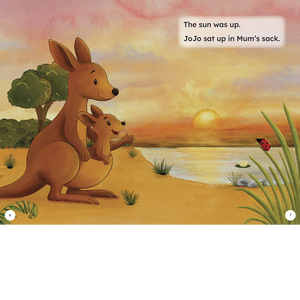 Page from JoJo's Big Day showing JoJo  and Mum Kangaroo looking at the sun rising. 