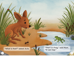 Page from JoJo's Big Day showing JoJo looking at a frog in a pond. 