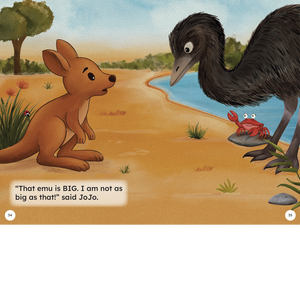Page from JoJo's Big Day showing JoJo  the kangaroo meeting an emu.  