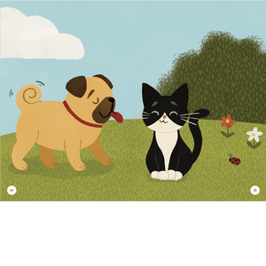 Illustration of a dog and a cat on grass with flowers and a cloud in the sky