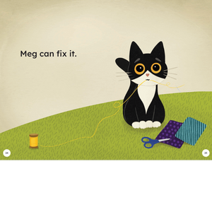 Page from Meg and Pug series showing Meg with thread and fabric.