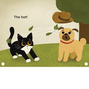 Page from Meg and Pug series showing Meg and Pug's hat blowing in the wind. 