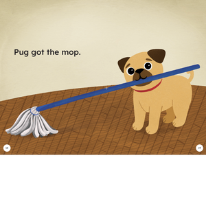 Pug the dog holding a mop handle in his mouth.