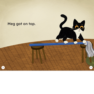 Meg the cat walking across a mop handle.