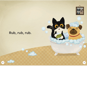 Illustration of a cat and dog in a bath with bubbles and text 'Rub, rub, rub.'