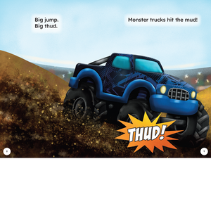 Page from 'Monster Trucks' showing a blue monster truck racing on a dirt track.